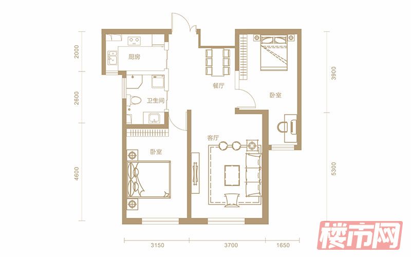 雲玺中心-A户型-102.23平米-两室两厅一卫