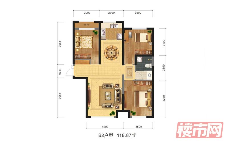 恒地金色钱江-B2户型-三室两厅一卫-118.87平米