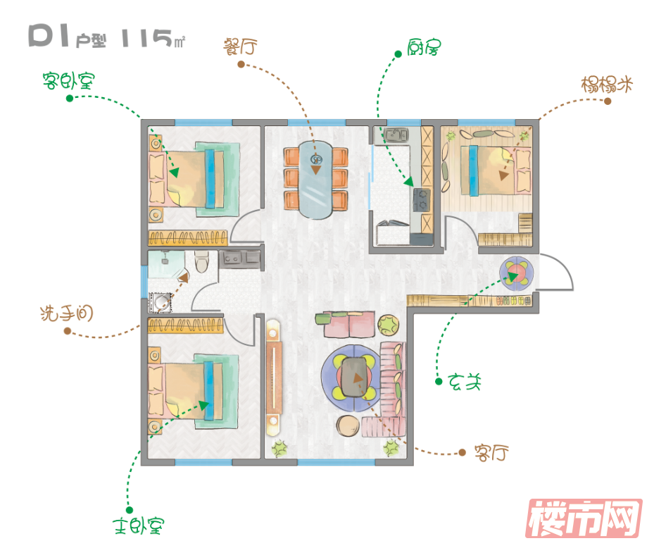 蓝天芳草地D1户型-115㎡-3室2厅1卫