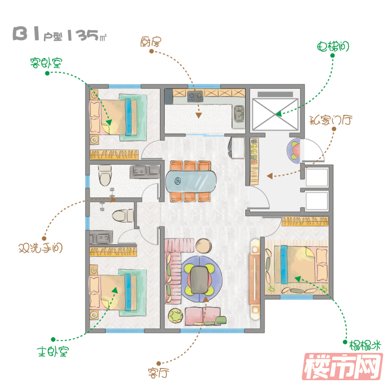 蓝天芳草地B1户型-135㎡-3室2厅2卫