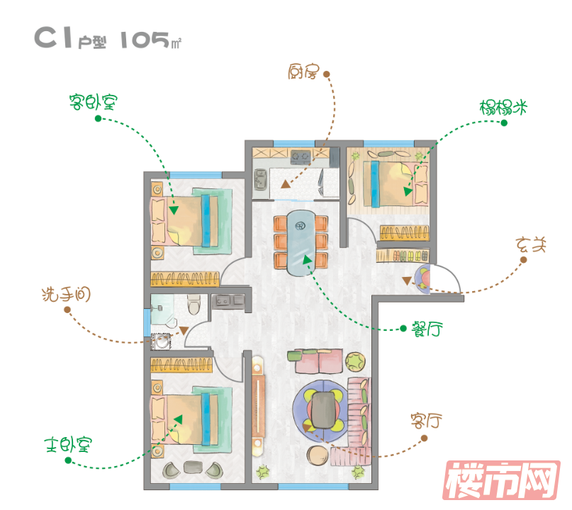 蓝天芳草地C1户型-105㎡-3室2厅1卫