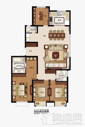 A3四室两厅一厨两卫158.91㎡户型 4室2厅2卫1厨