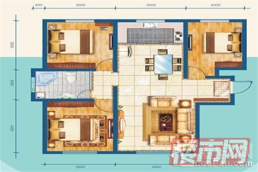 水京公园126.54平三室两厅一卫户型图 3室2厅1卫1厨