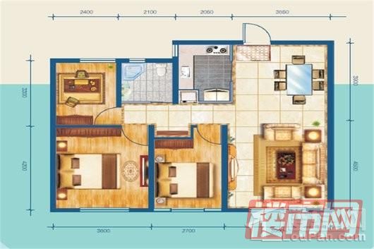 水京公园103.52平三室两厅一卫户型图 3室2厅1卫1厨